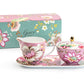 Gift Boxed Peacock Lotus Garden Pink Fine Porcelain Sugar Creamer & Serving Tray Set