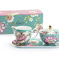 Gift Boxed Peacock Lotus Garden Green Fine Porcelain Sugar Creamer & Serving Tray Set