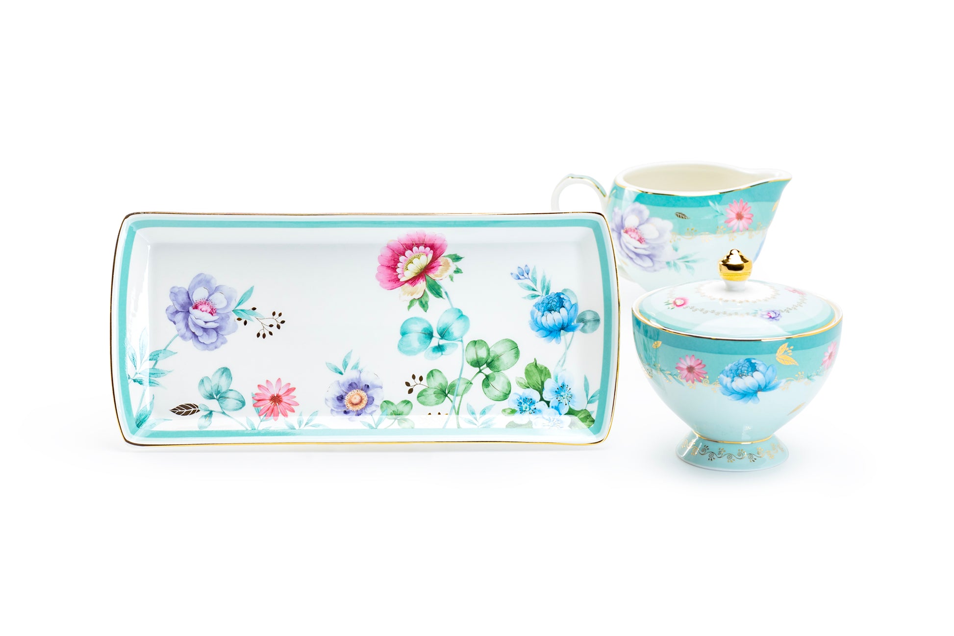 Grace Teaware Gift Boxed Mint Flower Floral Garden Fine Porcelain Sugar Creamer & Serving Tray Set