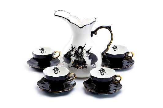 Potter's Studio Witches Brew Pitcher + 4 Snake Halloween Tea Cup and Saucer Sets