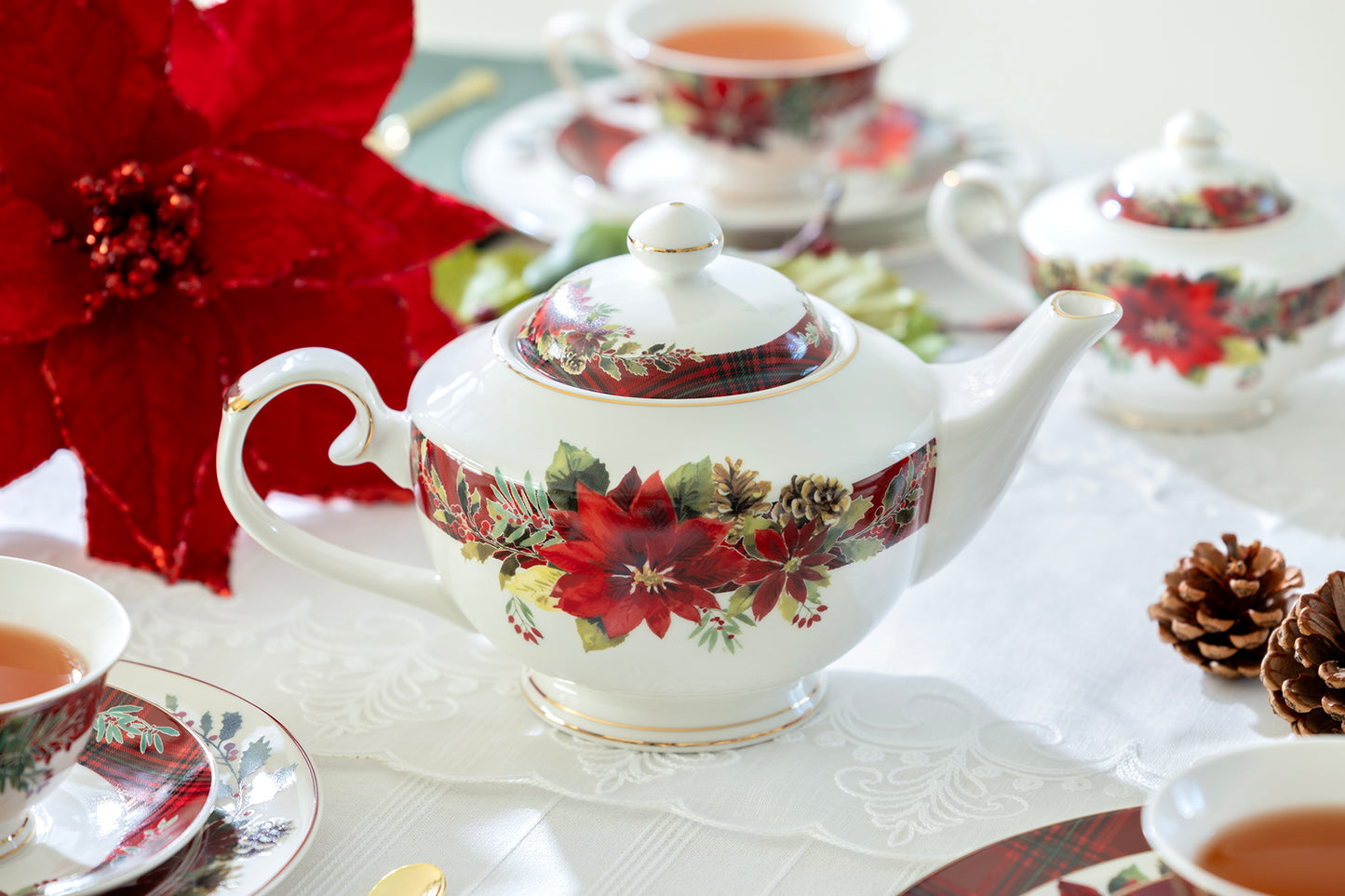 Poinsettia Pine Cone Fine Porcelain Teapot
