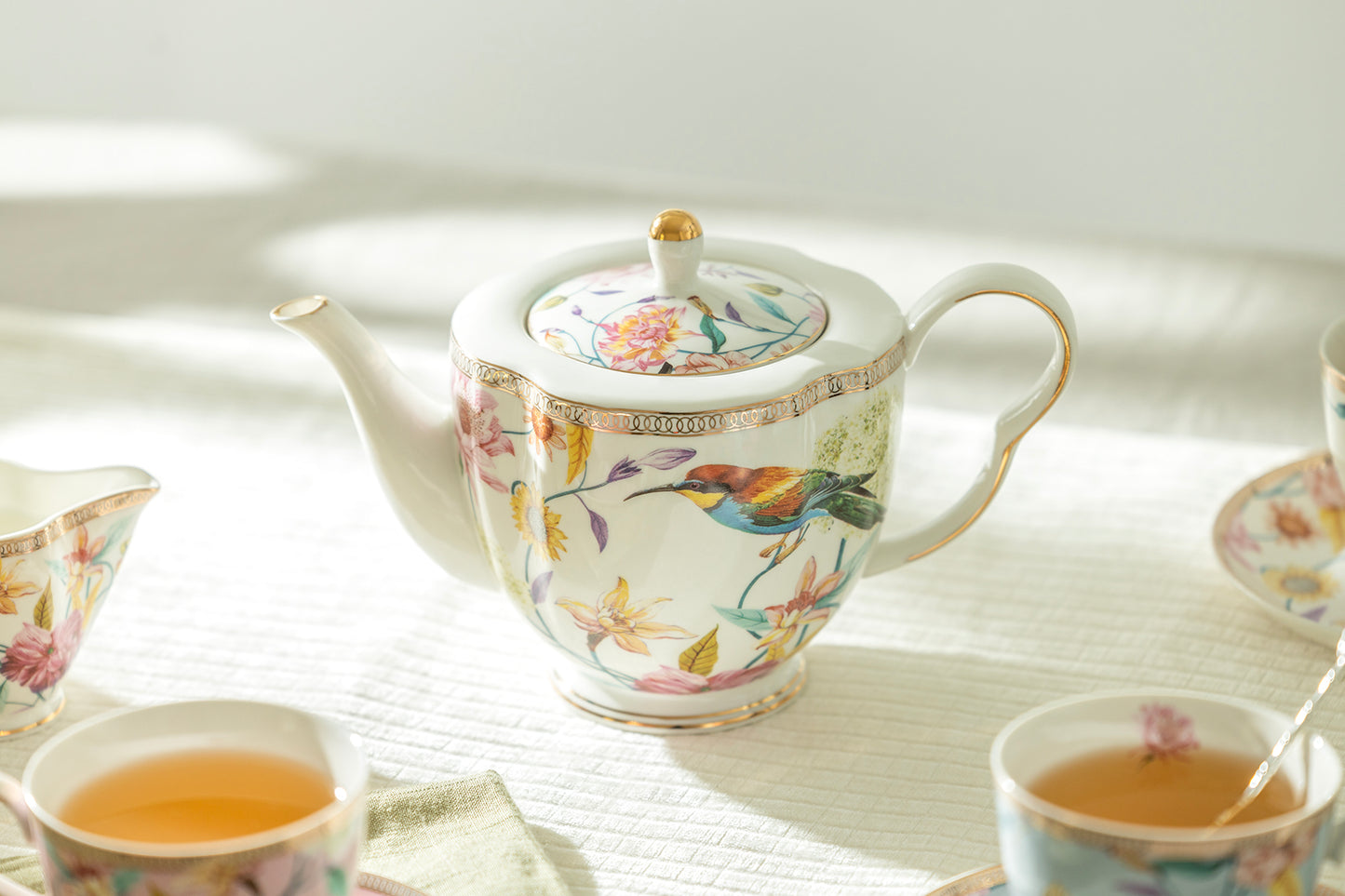 Spring Flowers with Hummingbird Fine Porcelain Latte Cups Tea Set