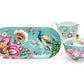 Gift Boxed Peacock Lotus Garden Green Fine Porcelain Sugar Creamer & Serving Tray Set