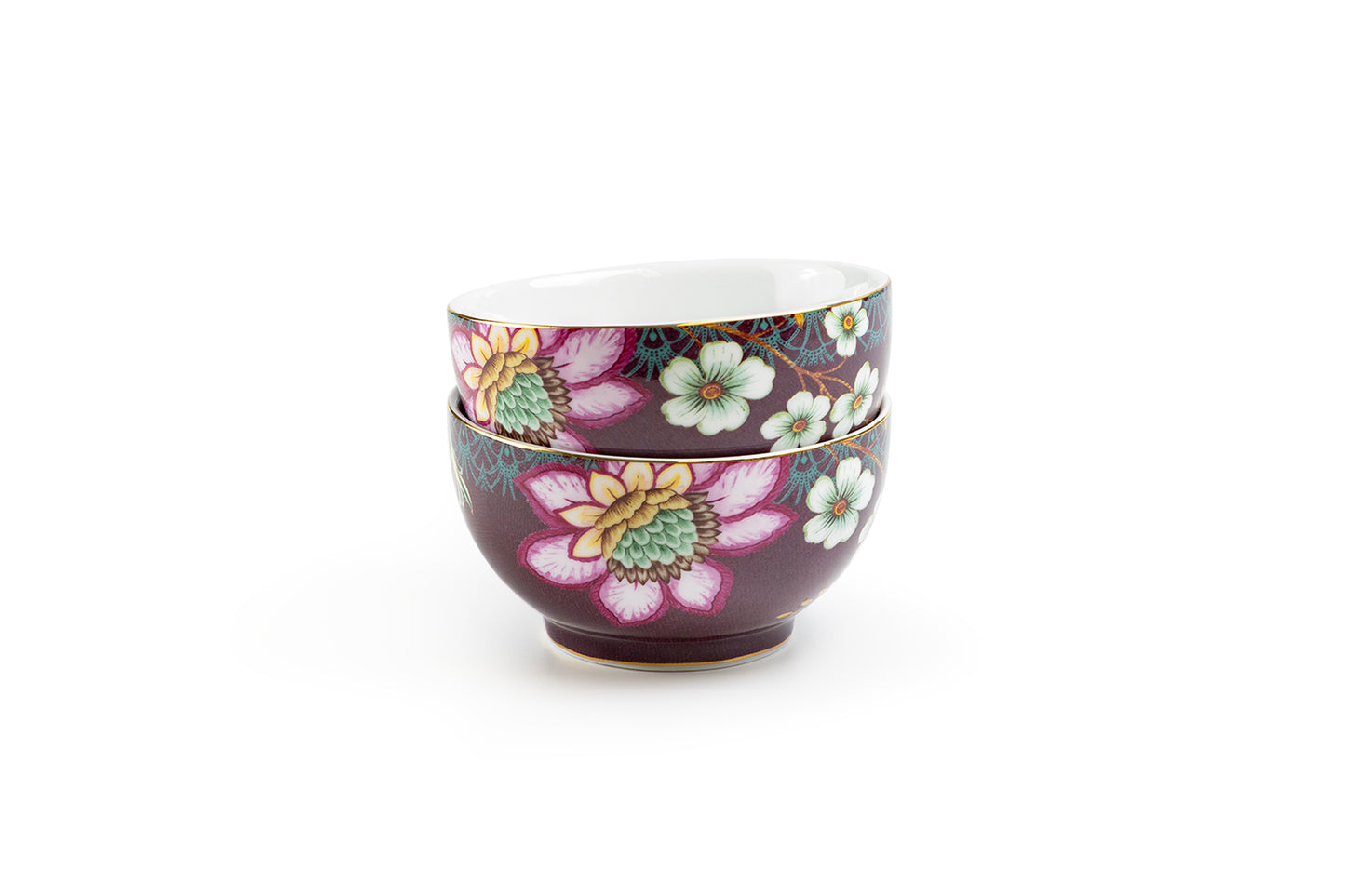 Peacock Lotus Garden Plum Blossom Fine Porcelain Tidbit Bowls Set of 2
