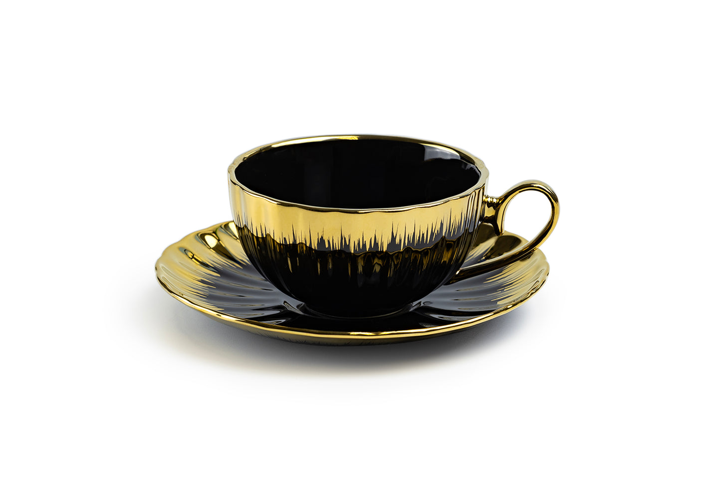 Black Gold Ripple Fine Porcelain Cup and Saucer