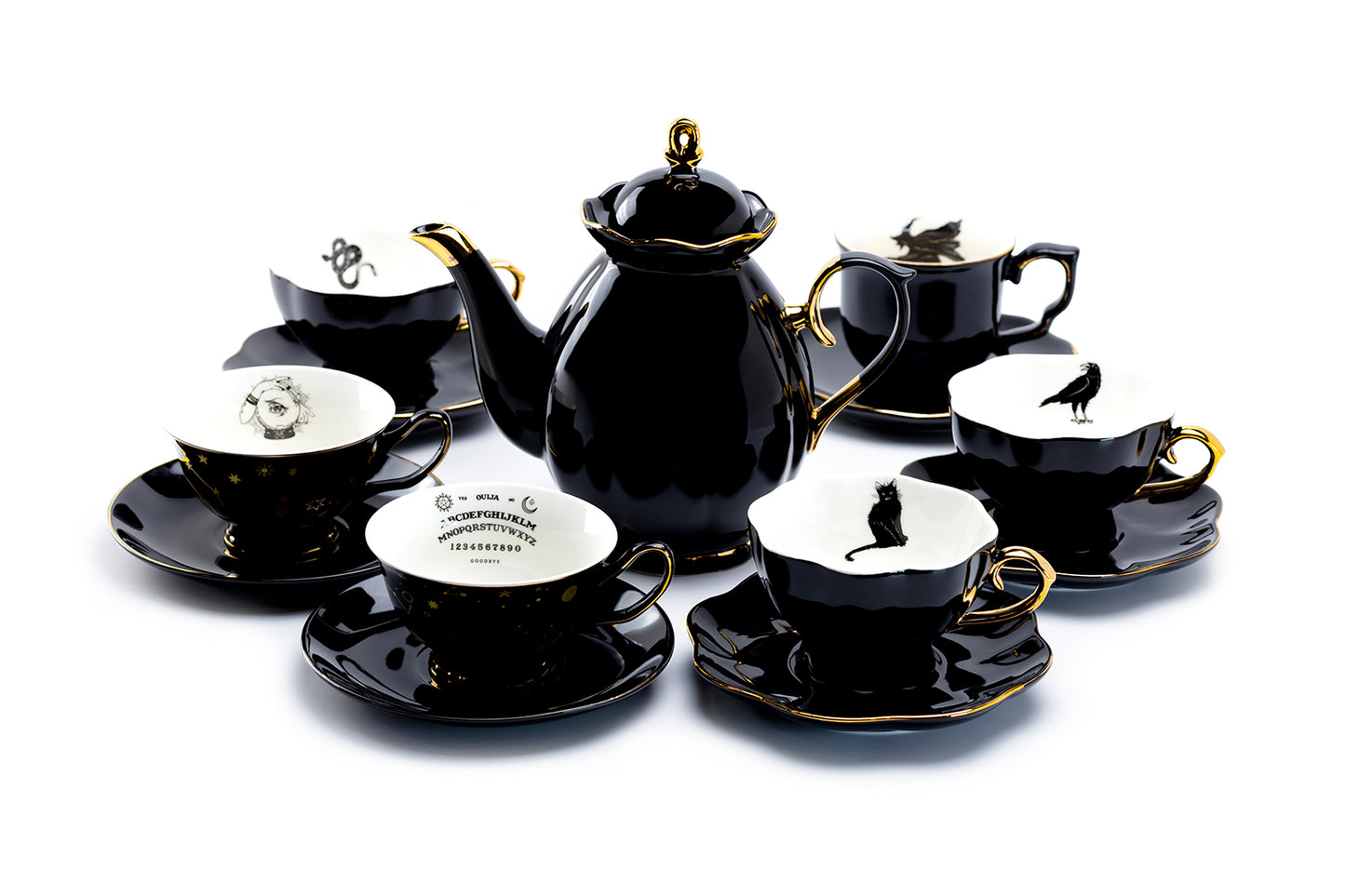 Grace Teaware Black Gold Scallop Teapot + 6 Assorted Halloween Tea Cup and Saucer Sets