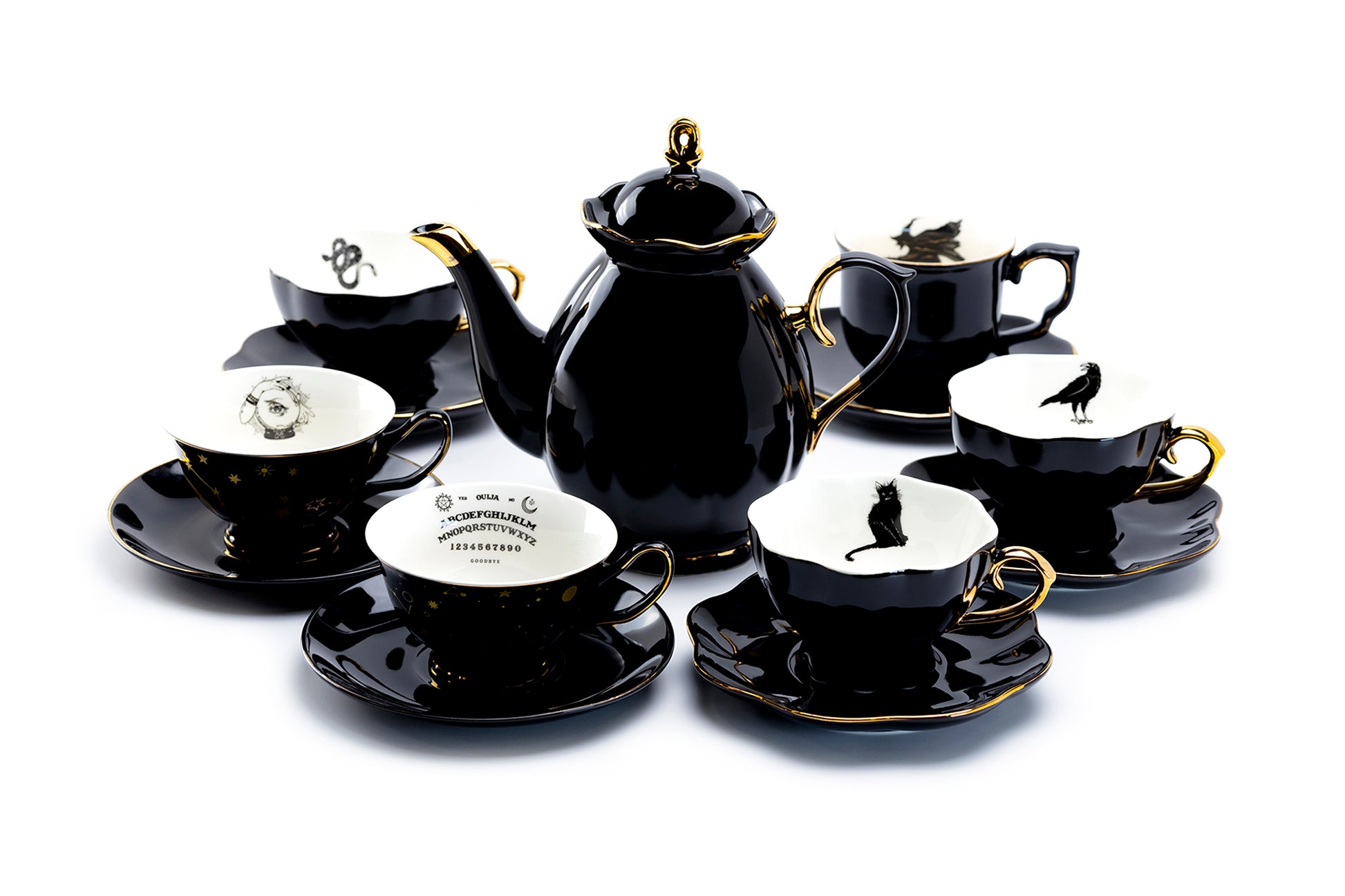 Grace Teaware Black Gold Scallop Teapot + 6 Assorted Halloween Tea Cup and Saucer Sets