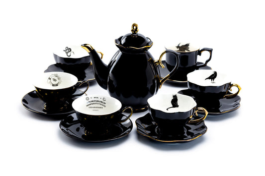 Grace Teaware Black Gold Scallop Teapot + 6 Assorted Halloween Tea Cup and Saucer Sets