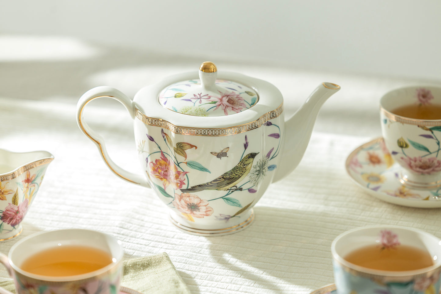 Spring Flowers with Hummingbird Fine Porcelain Latte Cups Tea Set