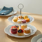 Dark Gray Stripes with Gold Dots Scallop Fine Porcelain 2-Tier Server