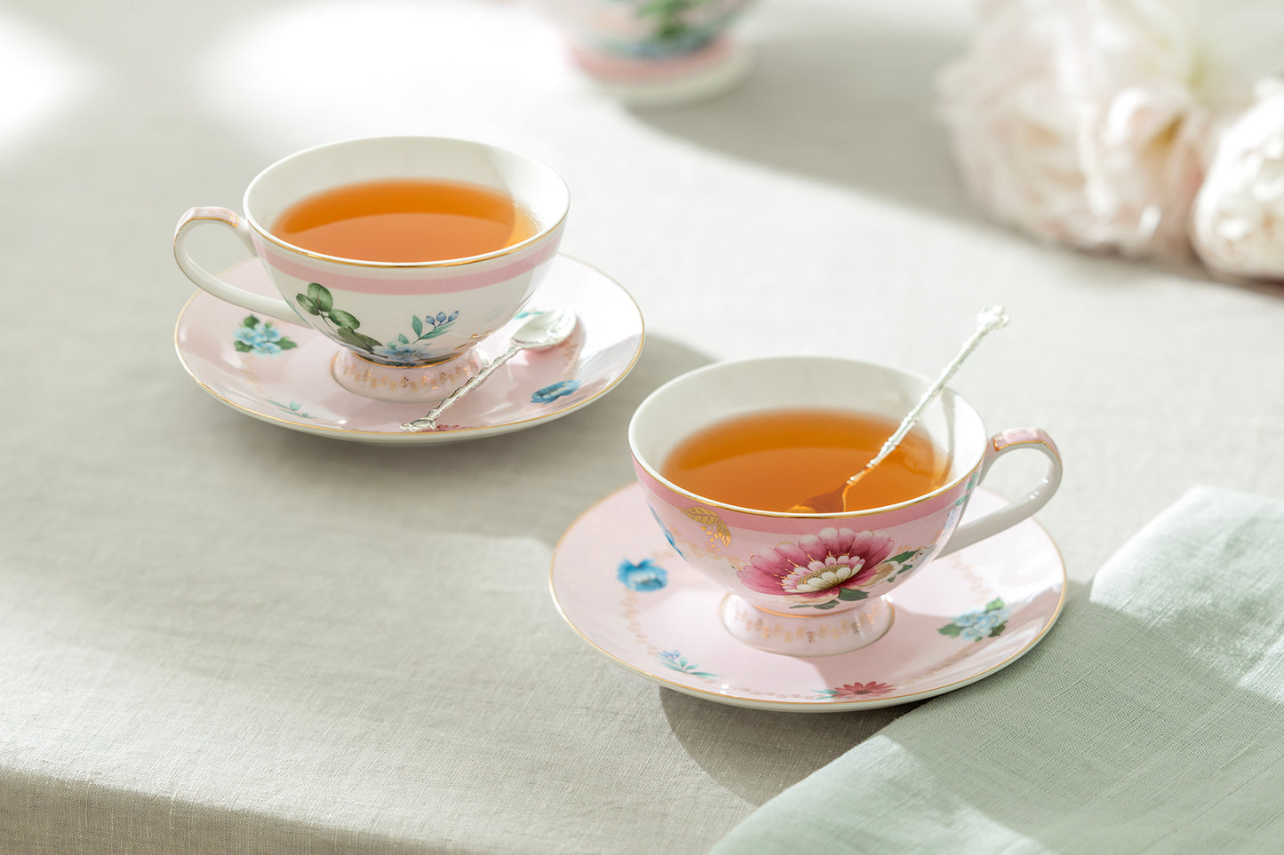 Grace Teaware Pink Flower Garden Fine Porcelain Cup and Saucer Set of 2