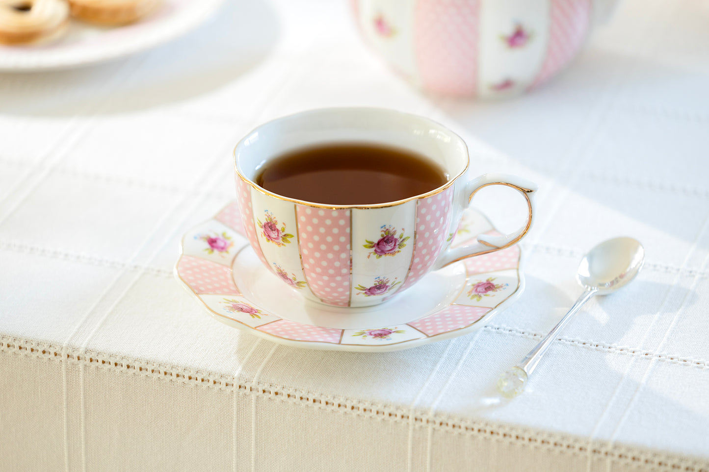 Pink Polka Dot Rosebud Scallop Fine Porcelain Tea Set