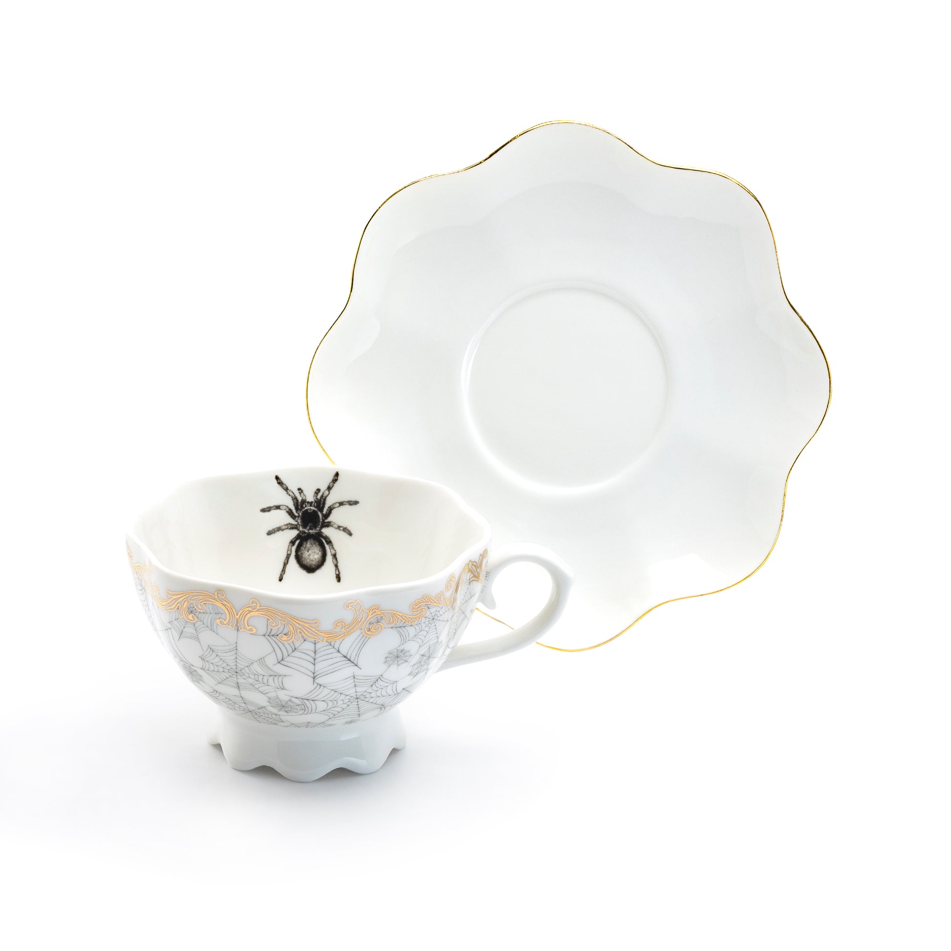 Grace Teaware Spider Web White Gold Scallop Fine Porcelain Tea Cup and Saucer set
