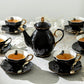 Black Gold Scallop Teapot + 6 Assorted Halloween Tea Cup and Saucer Sets - Ver. B Cat, Raven, Snake, Spider, ouija, witchy crystal ball tea cups