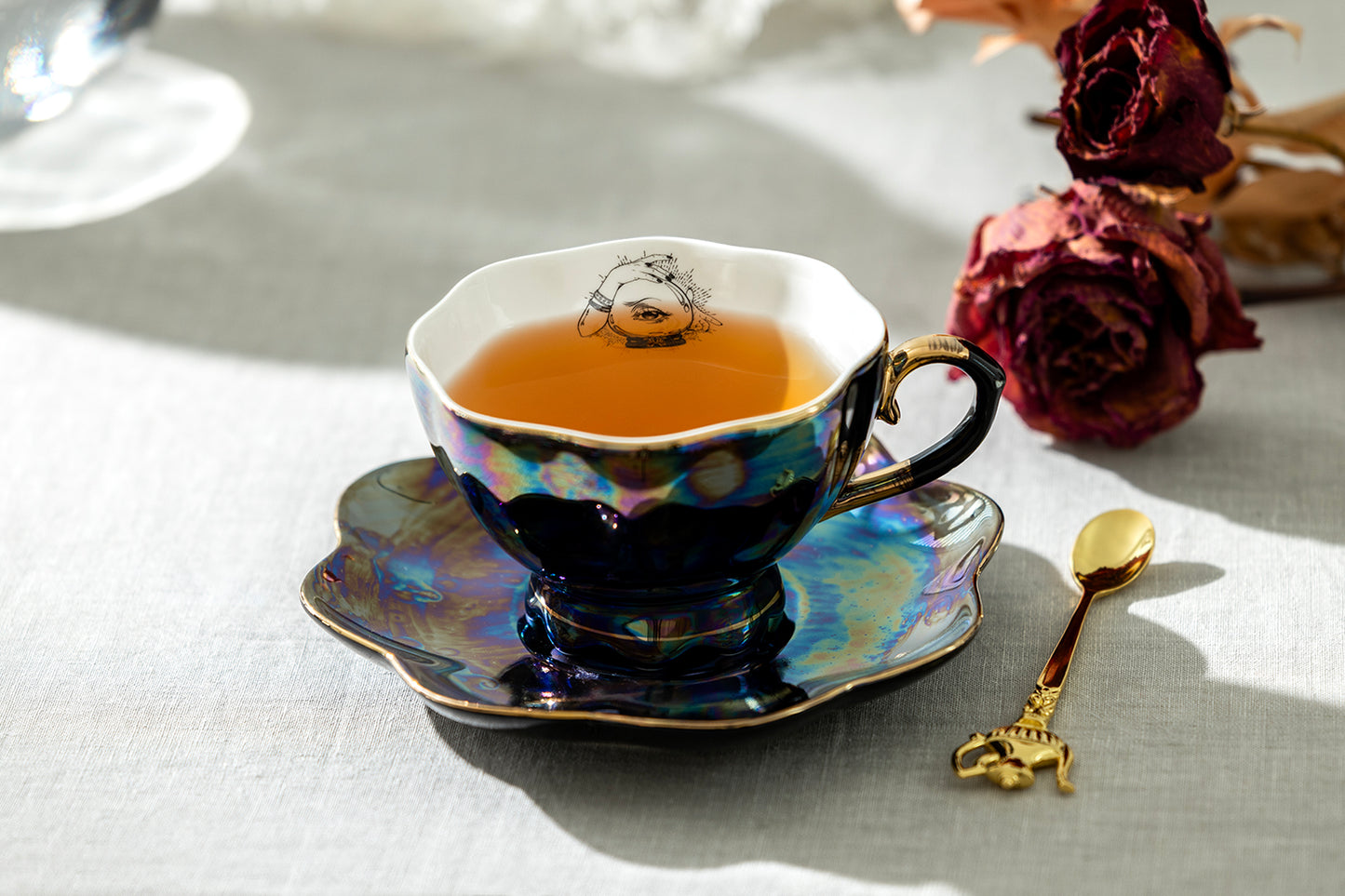Grace Teaware Witchy Crystal Ball Black Gold Luster Tea Cup and Saucer set