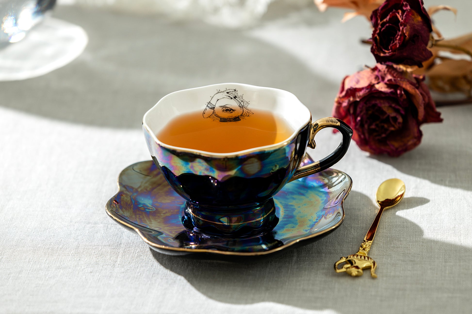 Grace Teaware Witchy Crystal Ball Black Gold Luster Tea Cup and Saucer set