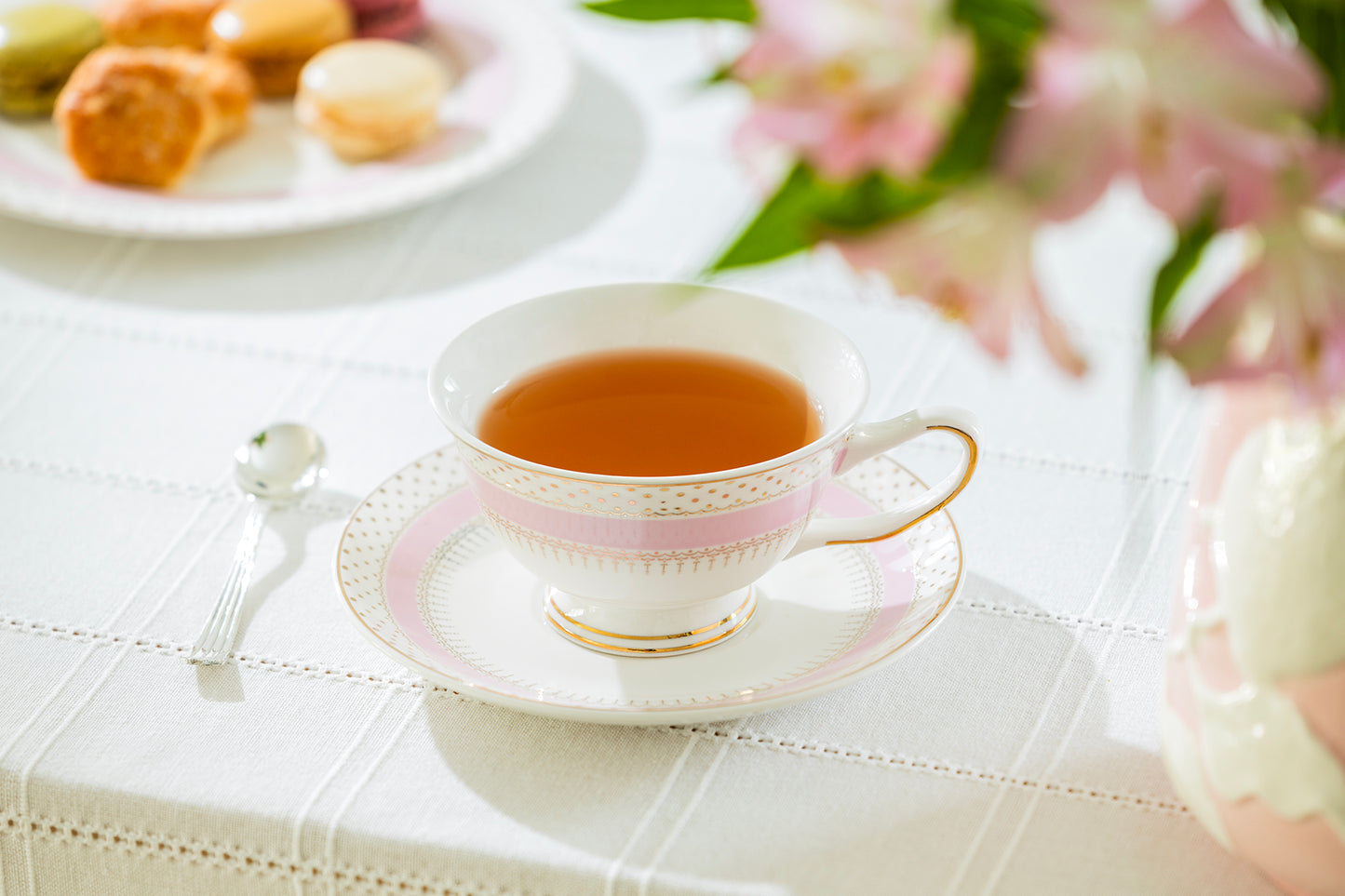 Pink Stripe with Gold Dots Fine Porcelain Tea Cup and Saucer