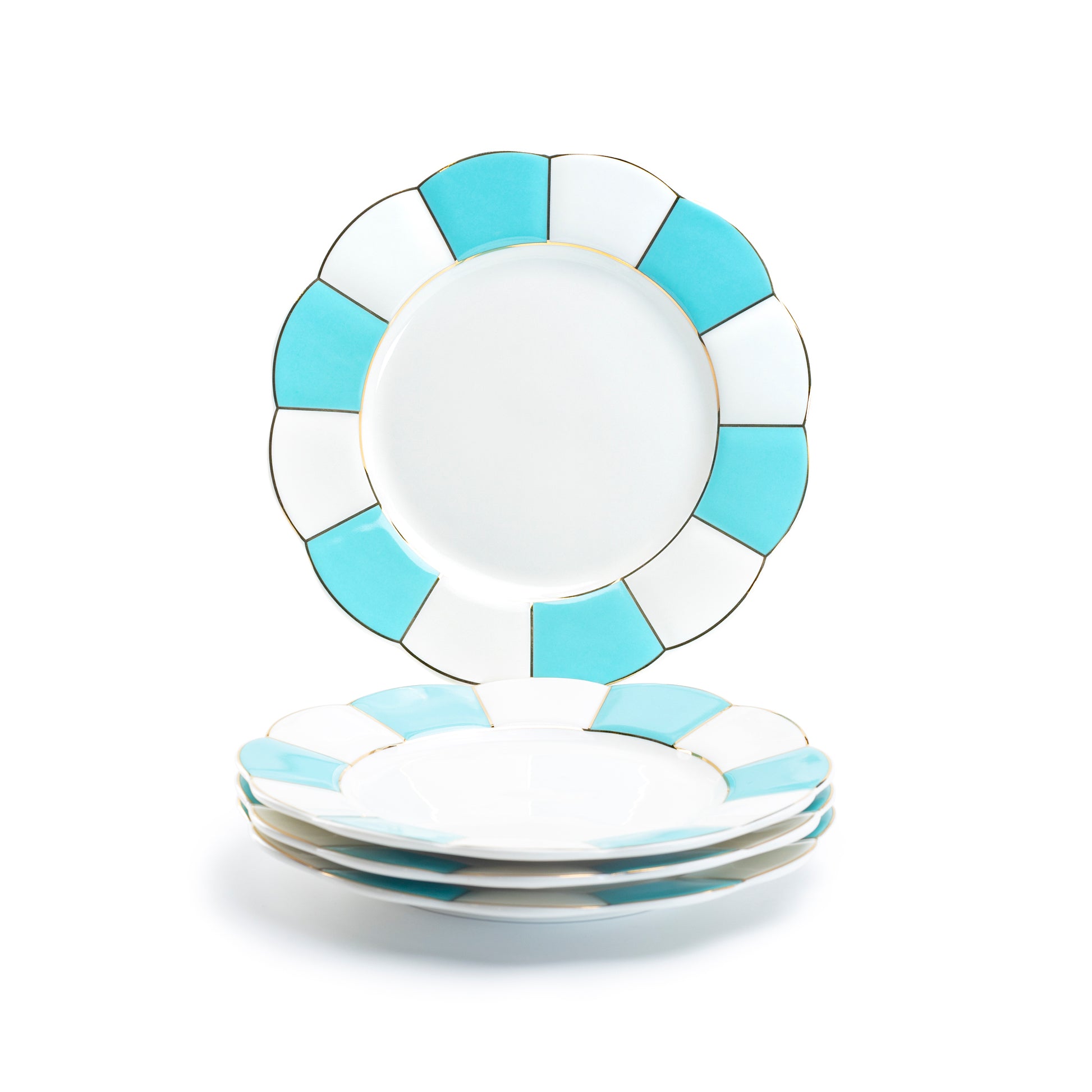 Grace Teaware Turquoise Gold Scallop Fine Porcelain Dessert Plate set of 4
