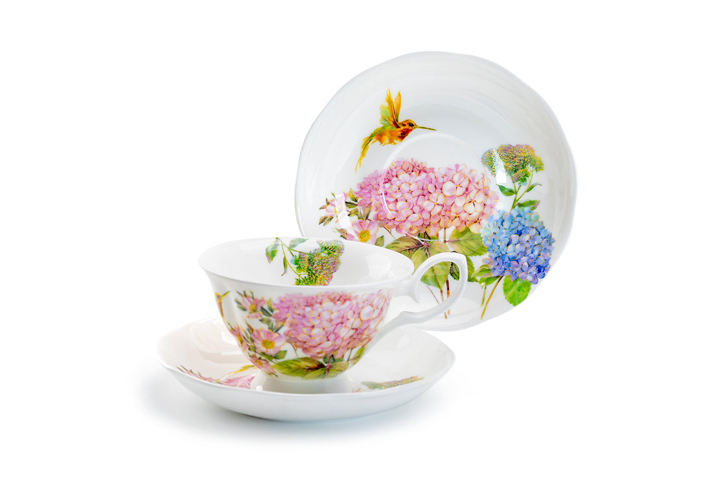 Hydrangea with Hummingbird Bone China Tea Cup and Saucer