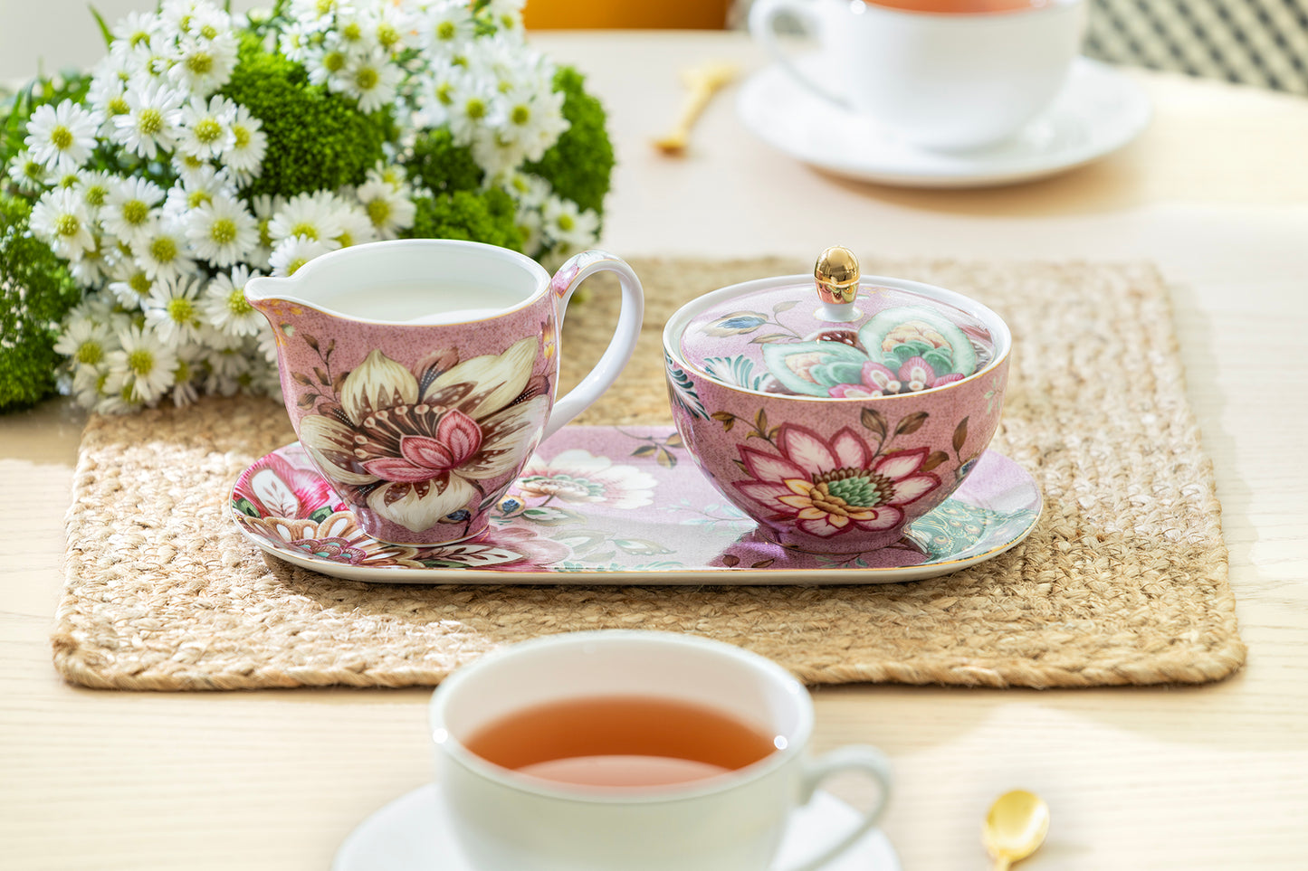 Gift Boxed Peacock Lotus Garden Pink Fine Porcelain Sugar Creamer & Serving Tray Set