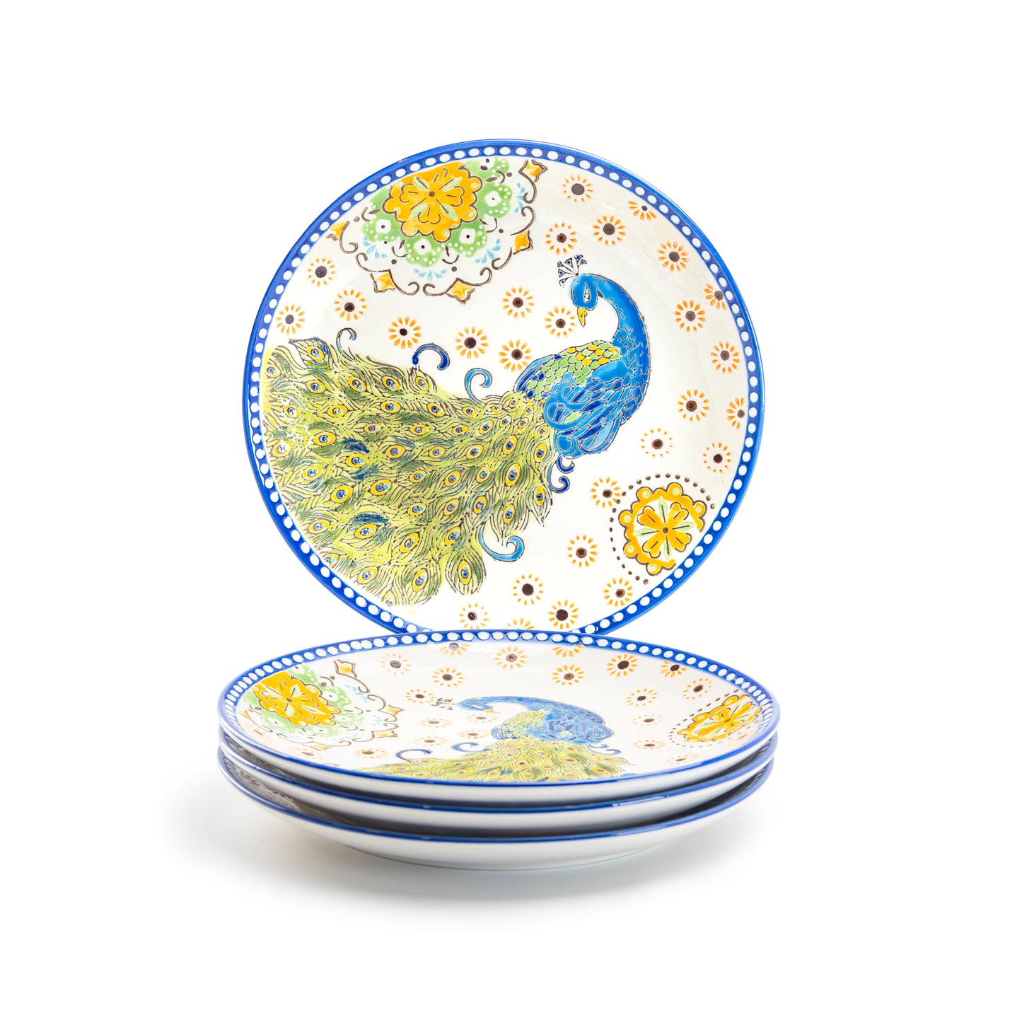 Dutch Wax 8.25" Blue Peacock Hand Crafted and Painted Dessert / Salad Plate set of 4