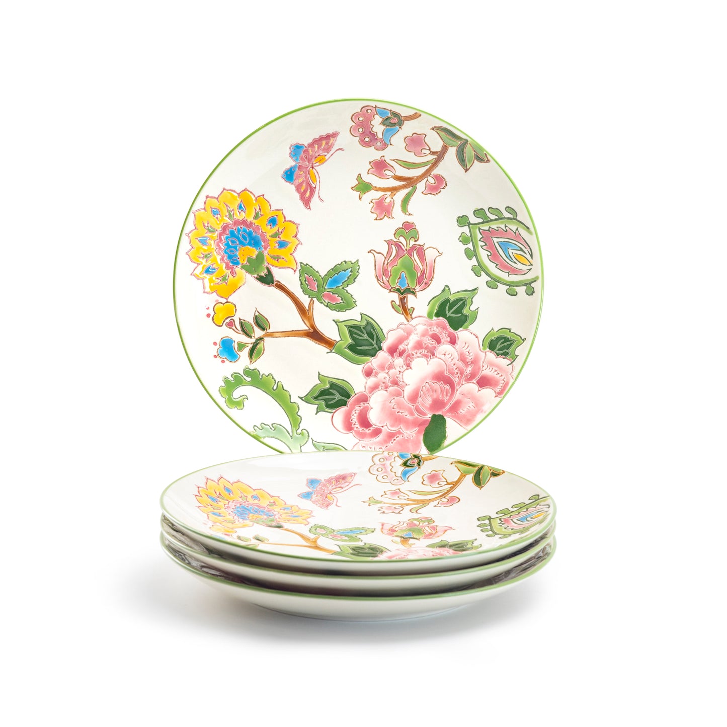 Dutch Wax 8.25" Pink Peony Hand Crafted and Painted Dessert / Salad Plate set of 4