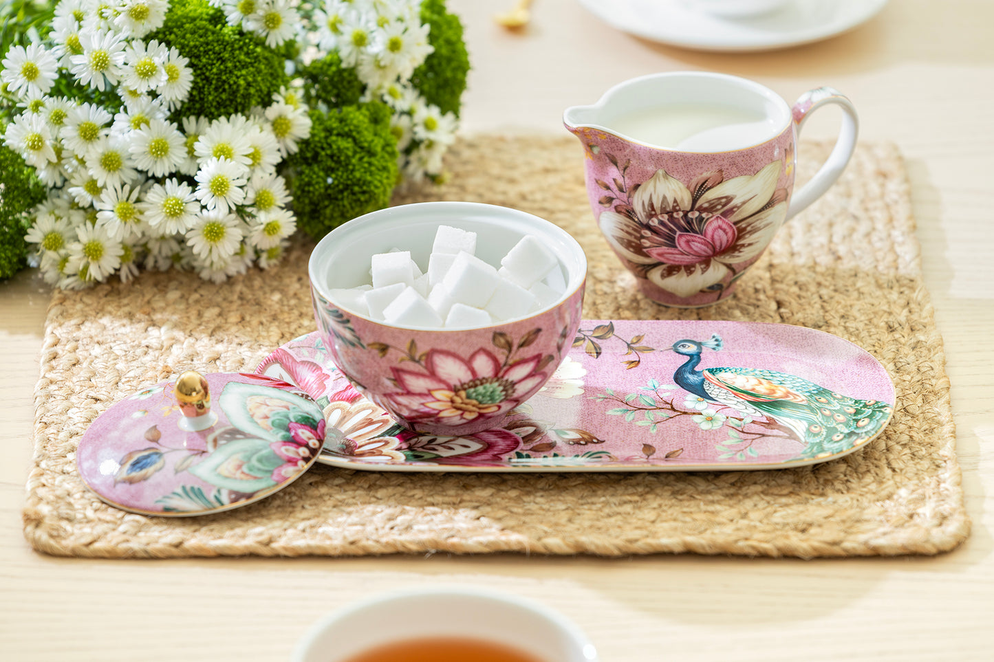 Gift Boxed Peacock Lotus Garden Pink Fine Porcelain Sugar Creamer & Serving Tray Set