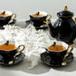 Black Gold Scallop Teapot + Raven Tea Cup and Saucer Sets