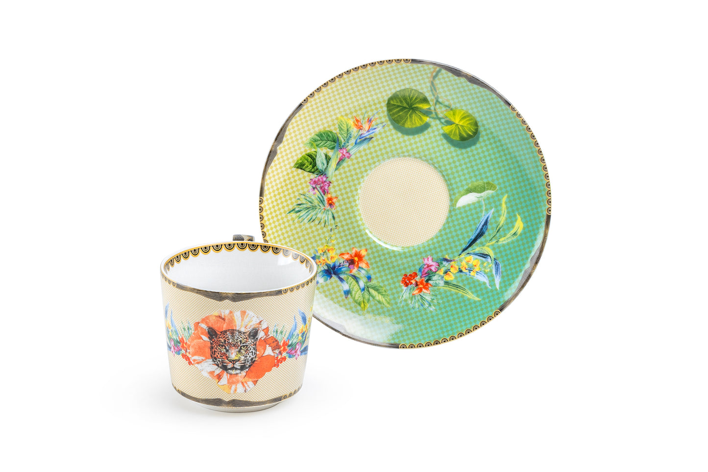 Summer Savanna Leopard Fine Porcelain Cup and Saucer Set of 2 with Gift Box