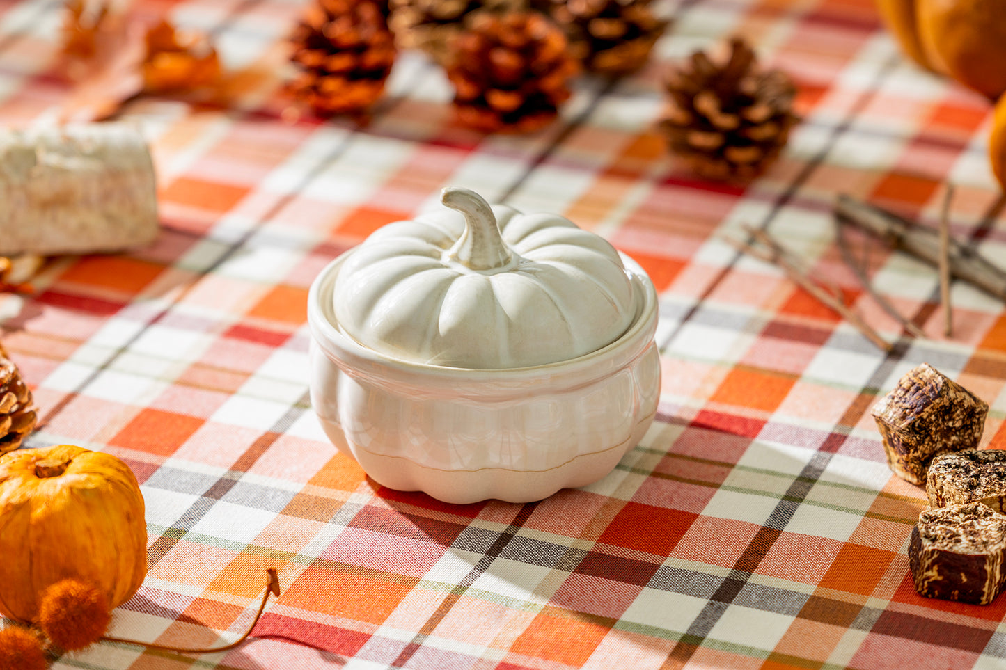White Pumpkin Figural Reactive Glazed Bowl with Lid