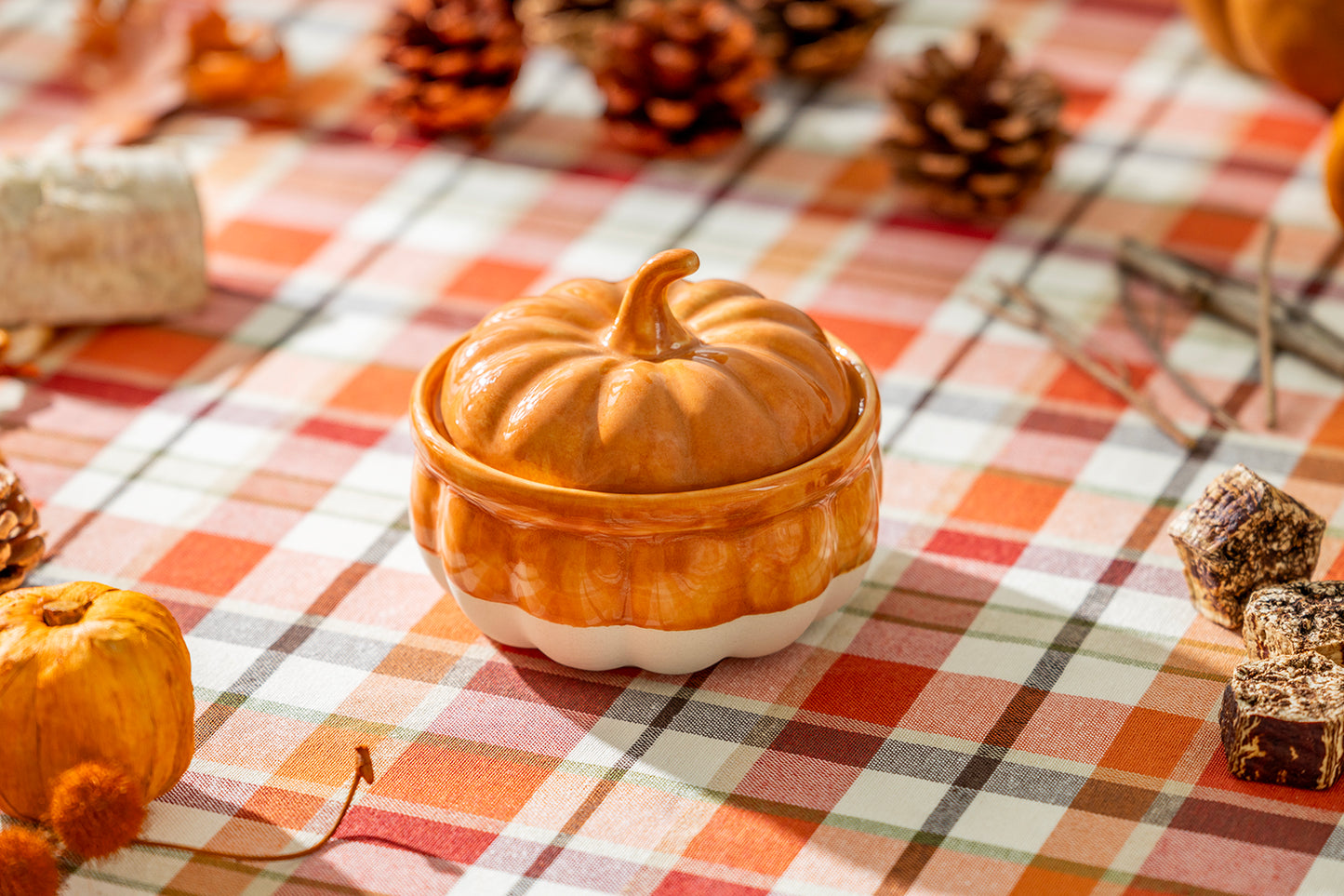 Orange Pumpkin Figural Reactive Glazed Bowl with Lid