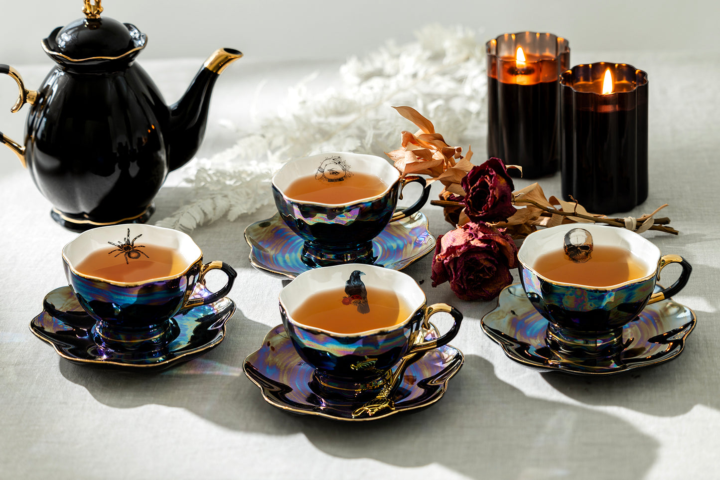 4 Assorted Halloween Black Gold Luster Tea Cup and Saucer Sets - Crow, Spider, Skull, Witchy Crystal Ball