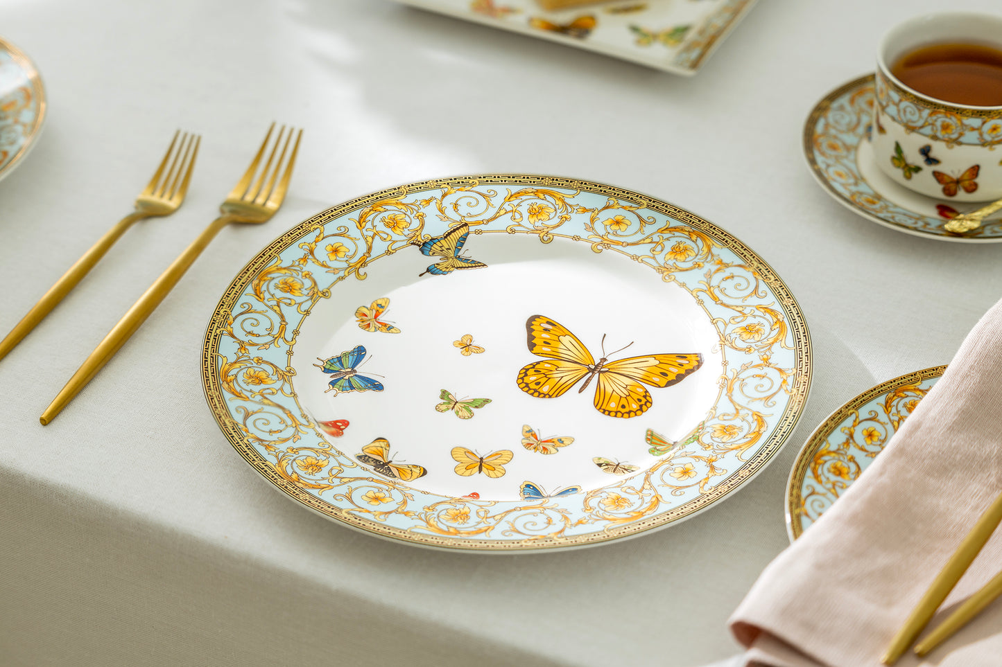 Butterflies with Blue Ornament Fine Porcelain Dessert/Dinner Plate
