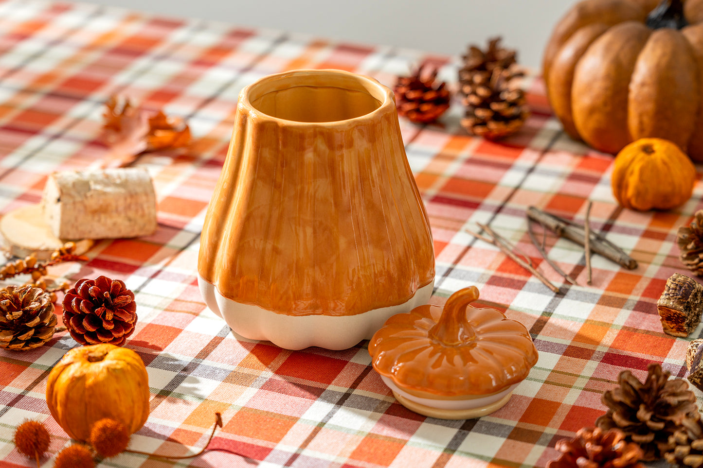 Orange Pumpkin Figural Reactive Glazed Jar with Silicone Seal Lid