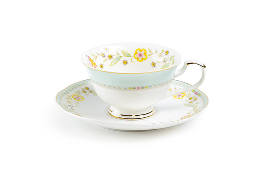 Yellow Corn Flowers with Mint Rim Fine Porcelain Tea Cup and Saucer