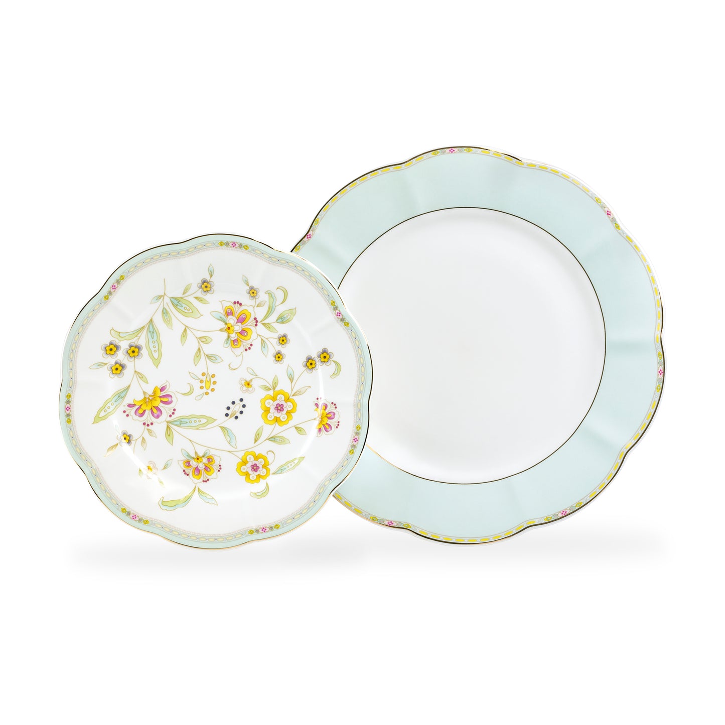 Yellow Corn Flowers with Mint Rim Fine Porcelain Dessert/Dinner Plate