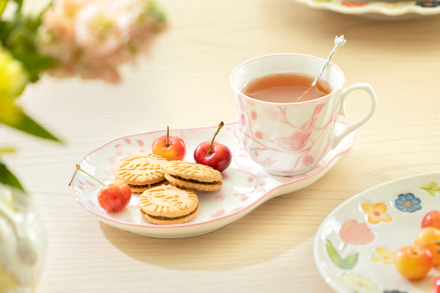 Pink Botanical Bird Fine Porcelain Tea Snack Set
