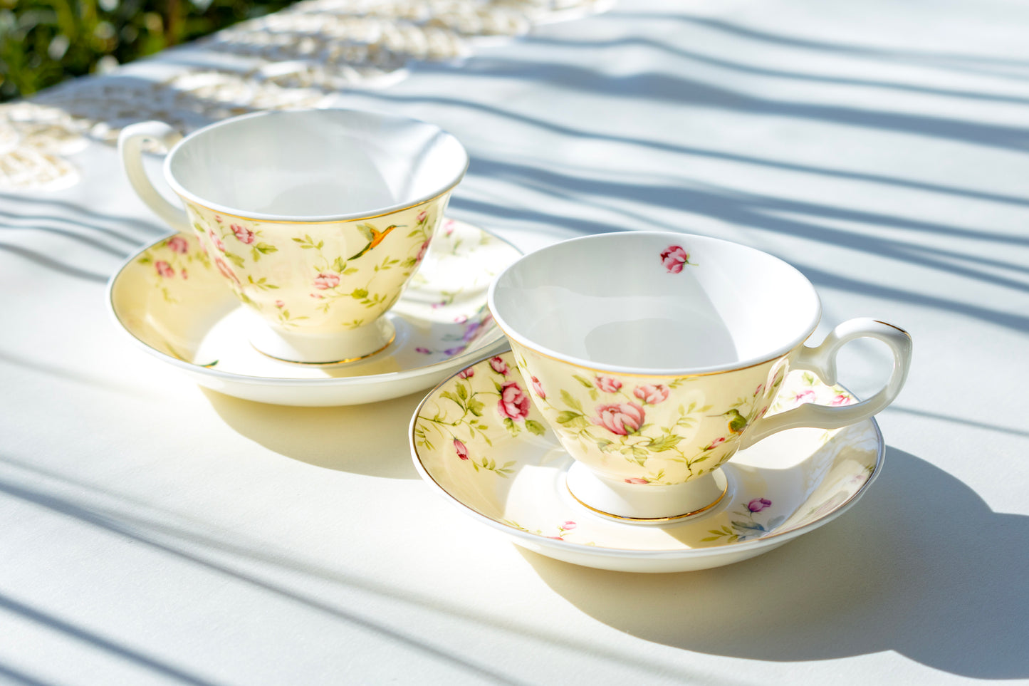Gracie Bone China Rosebud with Hummingbird Bone China Tea Cup and Saucer set of 2