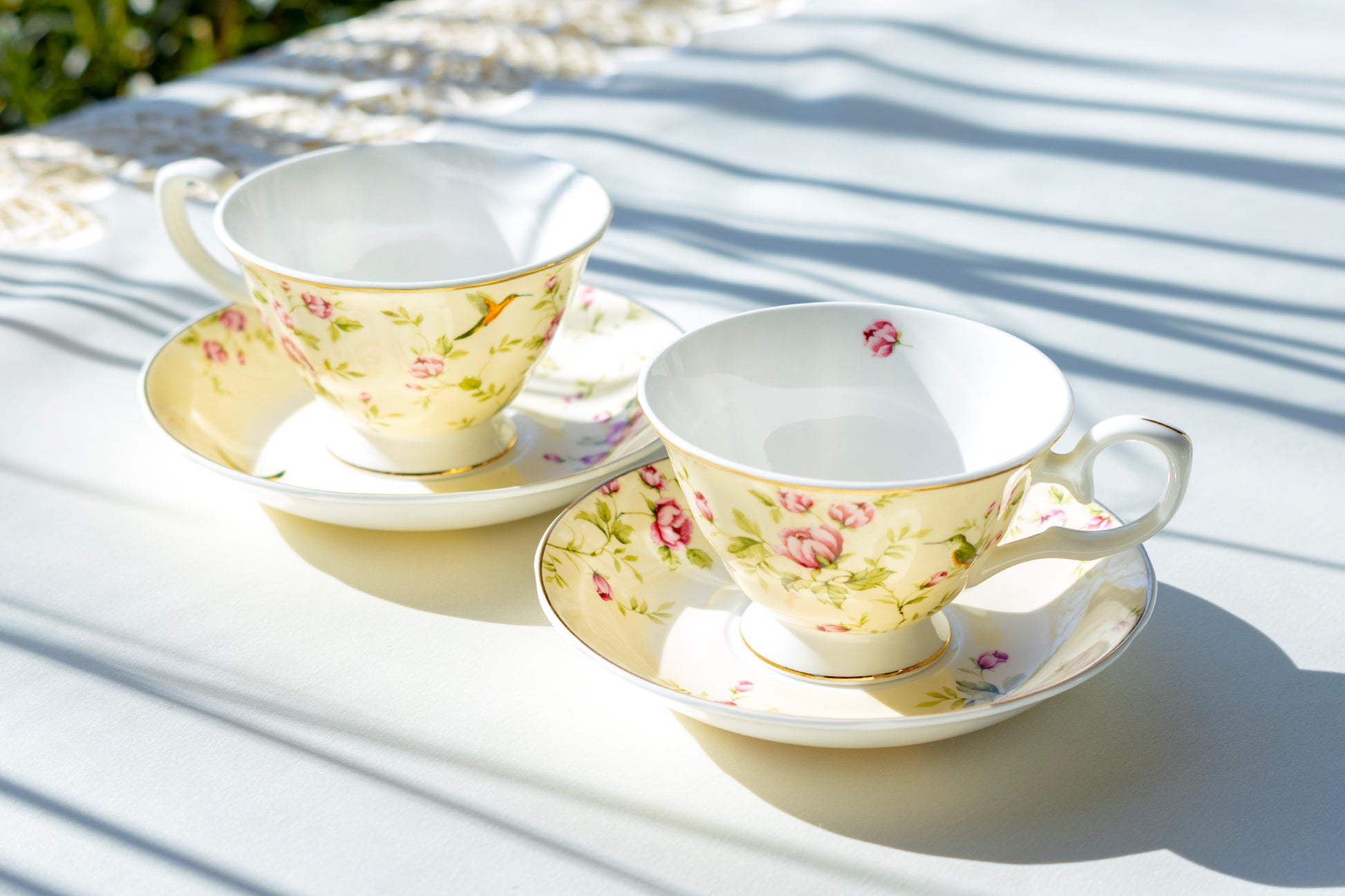 Gracie Bone China Rosebud with Hummingbird Bone China Tea Cup and Saucer set of 2