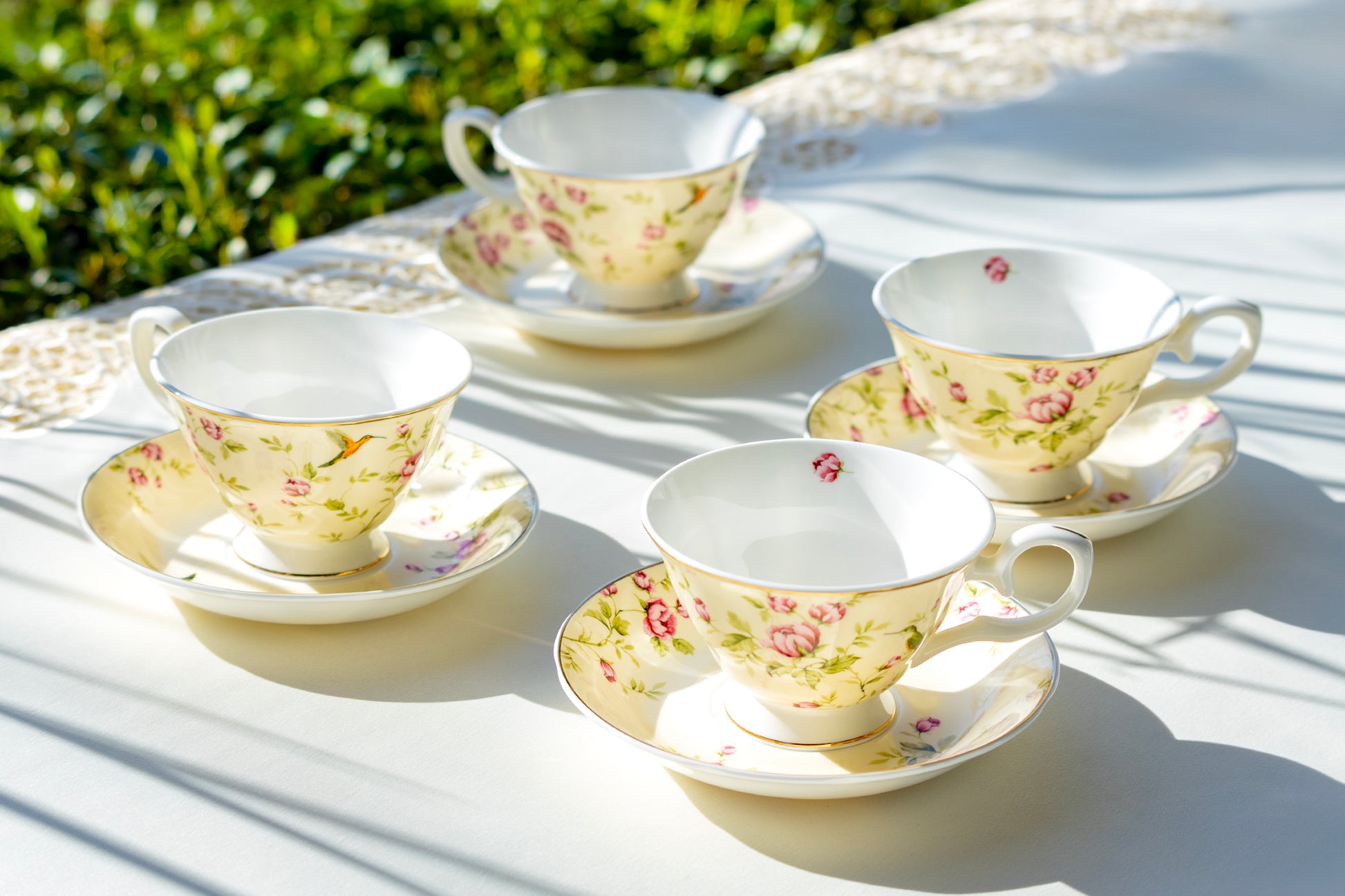Gracie Bone China Rosebud with Hummingbird Bone China Tea Cup and Saucer set of 4