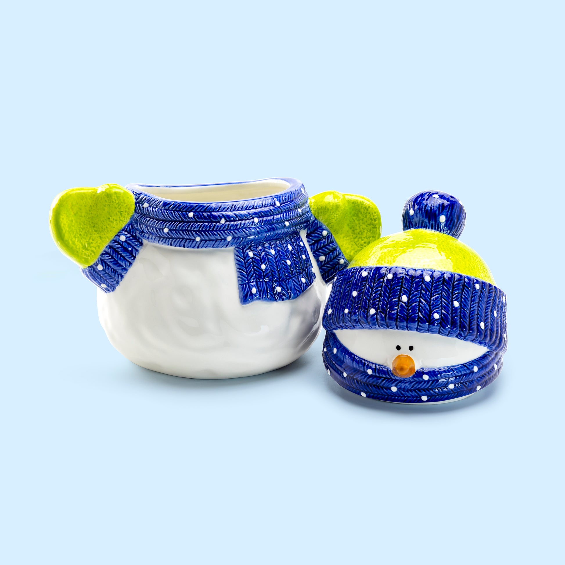 Cali Ceramic Blue Hat Muffler Green Gloves Snowman Large Cookie Jar perfect for holiday season Christmas gift