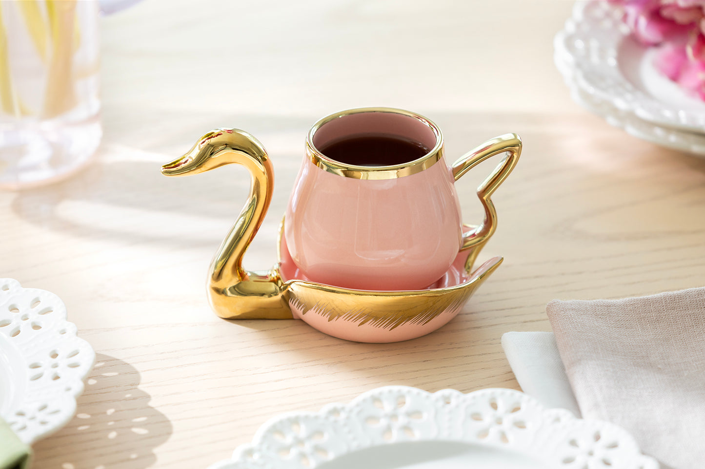 Golden Swan Pink Fine Porcelain Tea Cup and Saucer