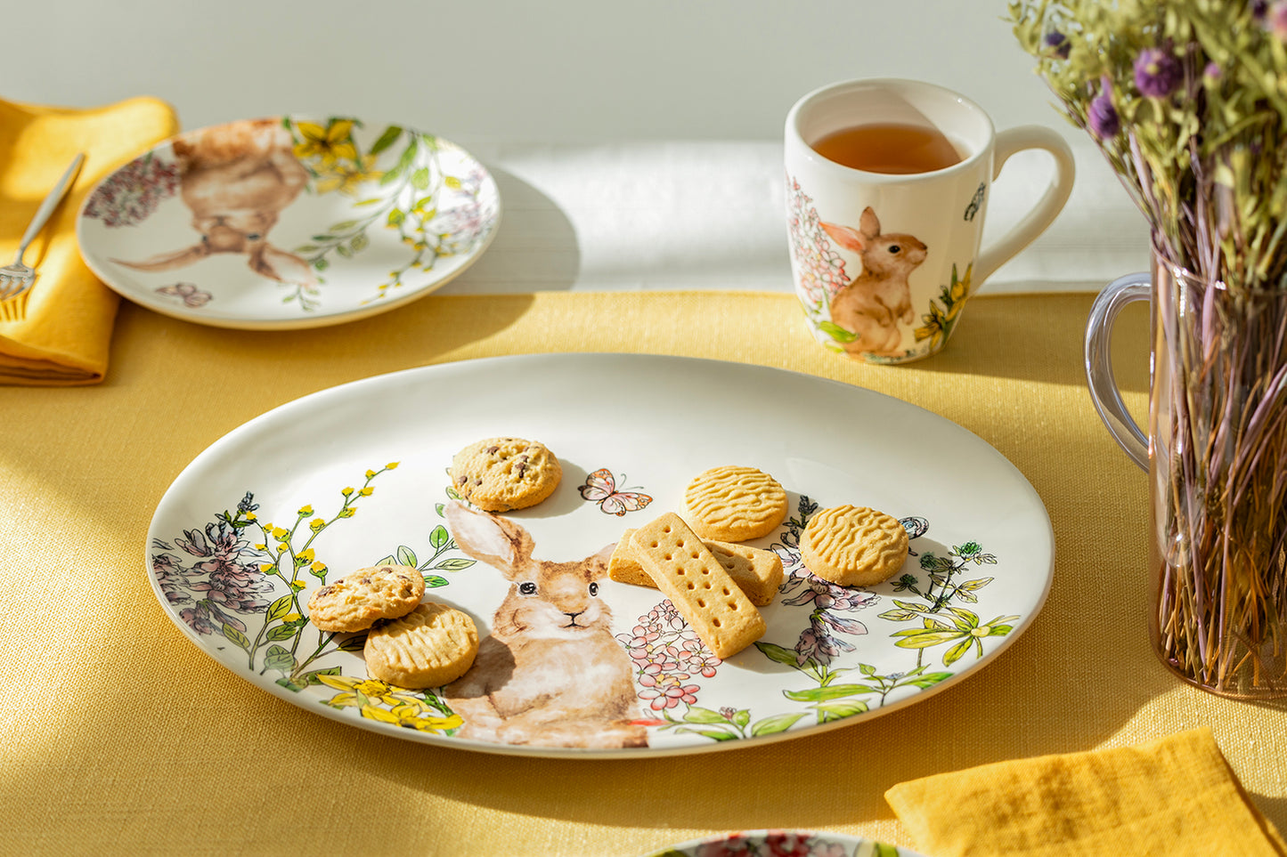 15.25" Spring Garden Bunny Oval Serving Platter