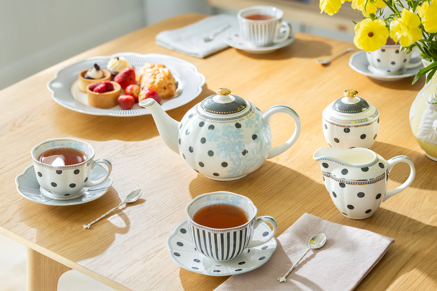 Dark Gray Stripes and Dots with Blue Toile Fine Porcelain Tea Set