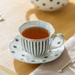 Dark Gray Stripes and Dots with Blue Toile Fine Porcelain Tea Set