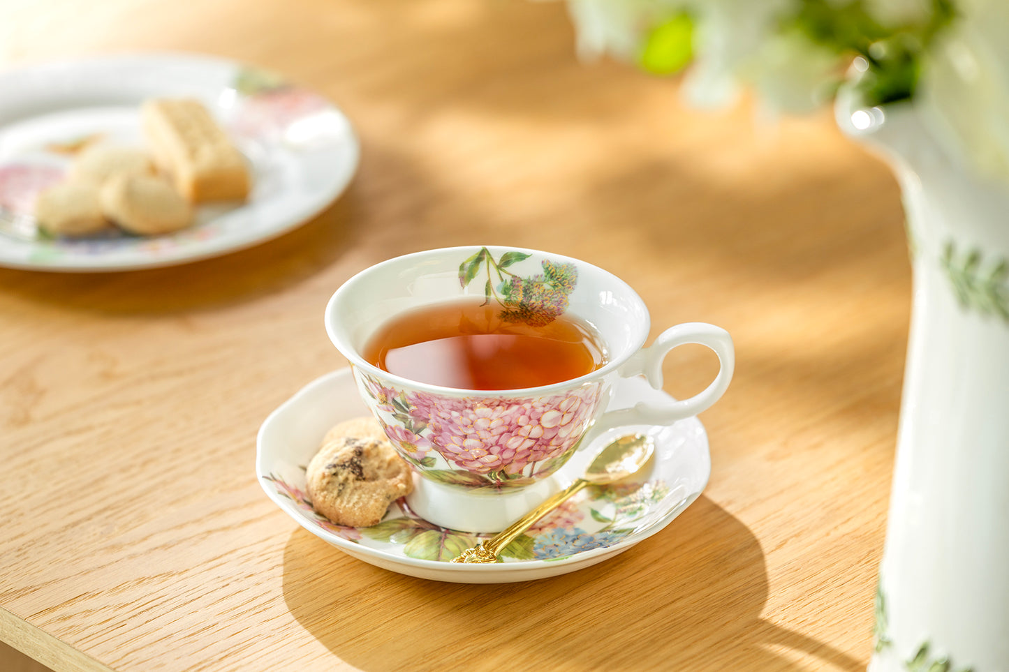 Hydrangea with Hummingbird Bone China Tea Cup and Saucer