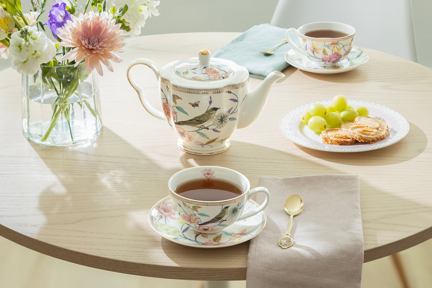 Spring Flowers with Hummingbird Fine Porcelain Latte Cups 5-Piece Tea Set