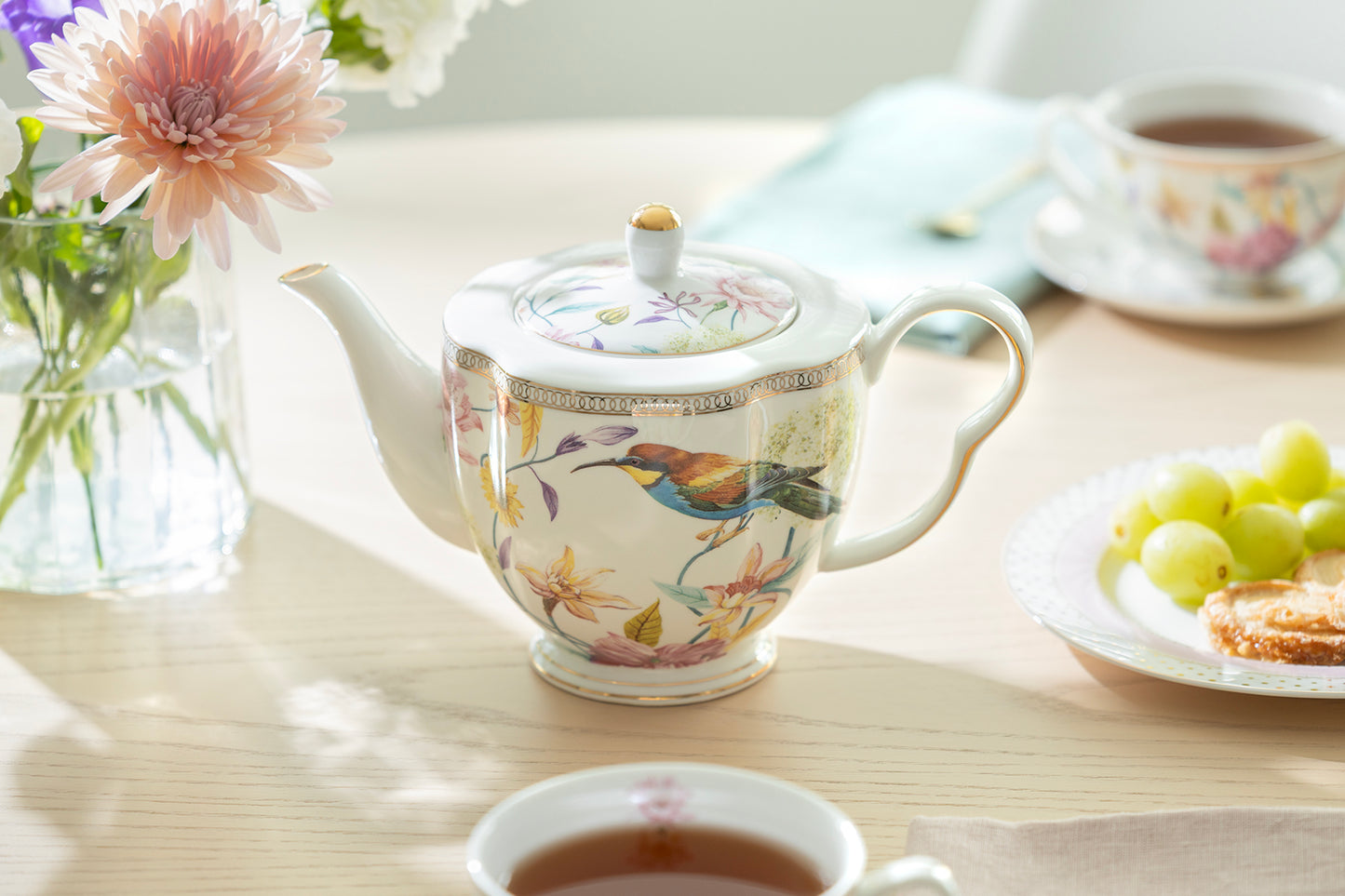 Spring Flowers with Hummingbird Fine Porcelain Latte Cups 5-Piece Tea Set