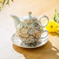 Blue & Gold Daisy Fine Porcelain Tea For One Set with Pink Gift Box