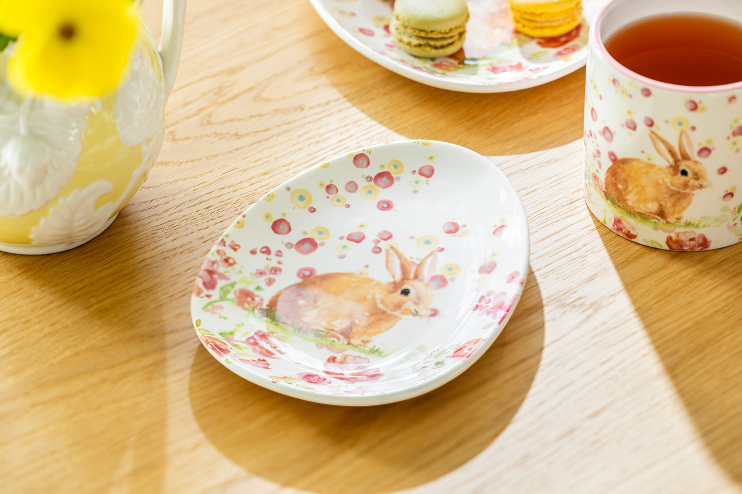 Spring Pink Flowers Bunny Egg Shape Serving Dish